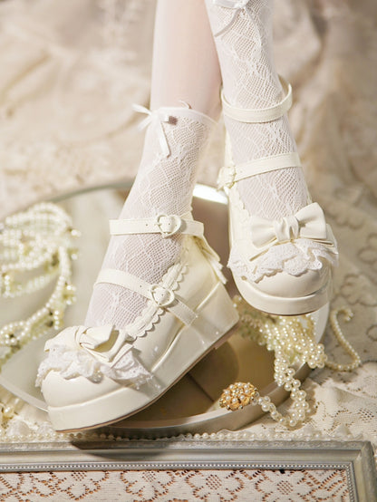 White Bow Milky Buckles at Platforms Lace Trim Top Heart