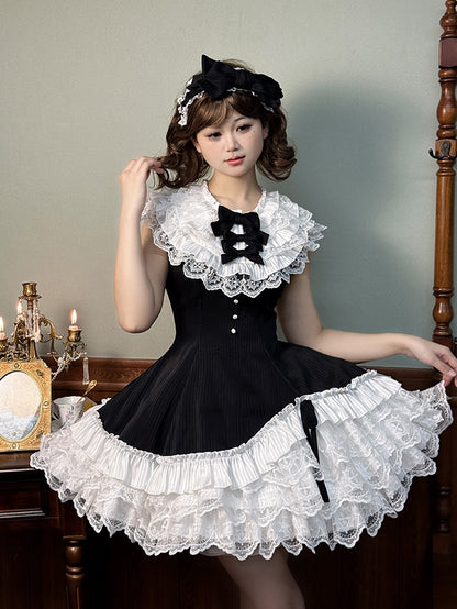 Black Striped Fabric Slim Fit Waist Lolita Sleeveless Dress with White Layered Ruffle Neck and Hem