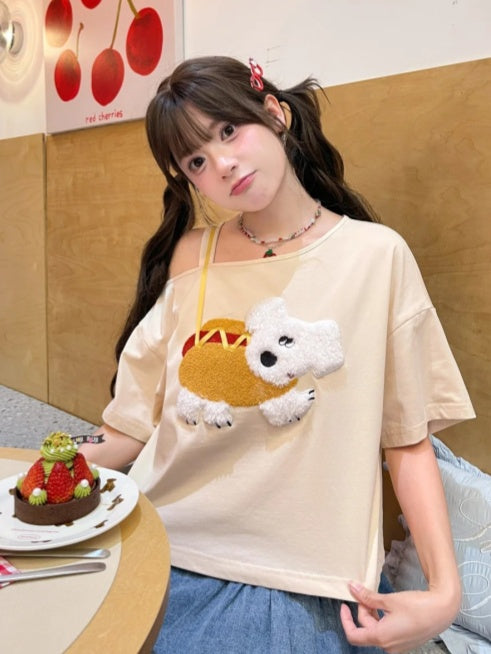 Puppy Applique T-Shirt Asymmetrical Neckline Hotdog Apricot Design
