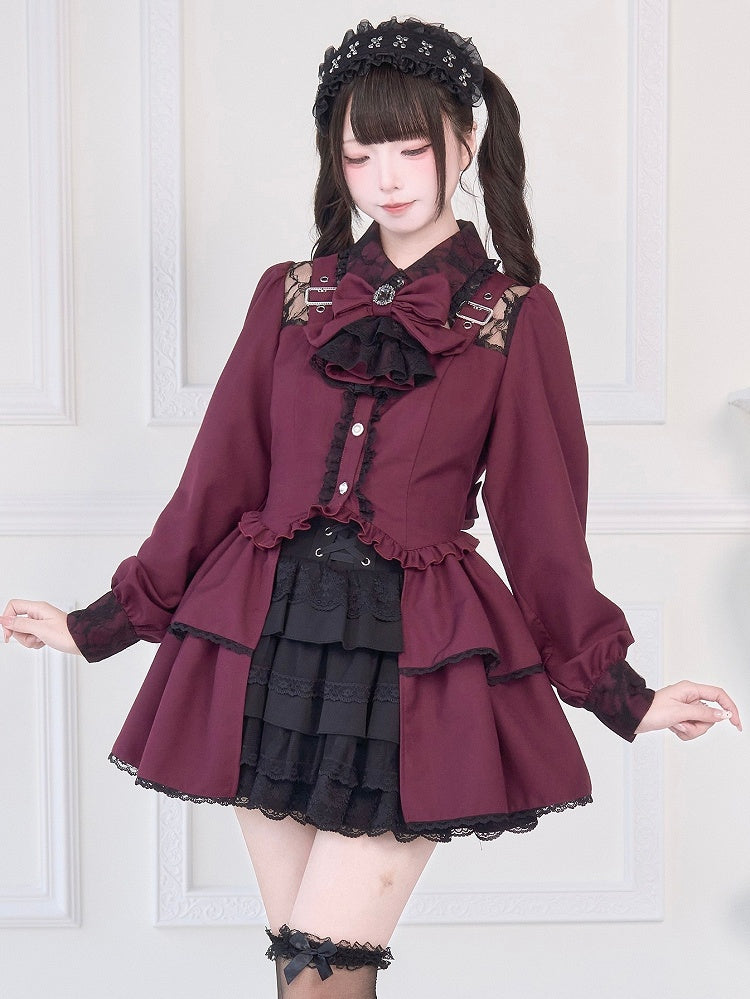 Kei-Bluse mit weinrotem Jirai-Illusionsausschnitt