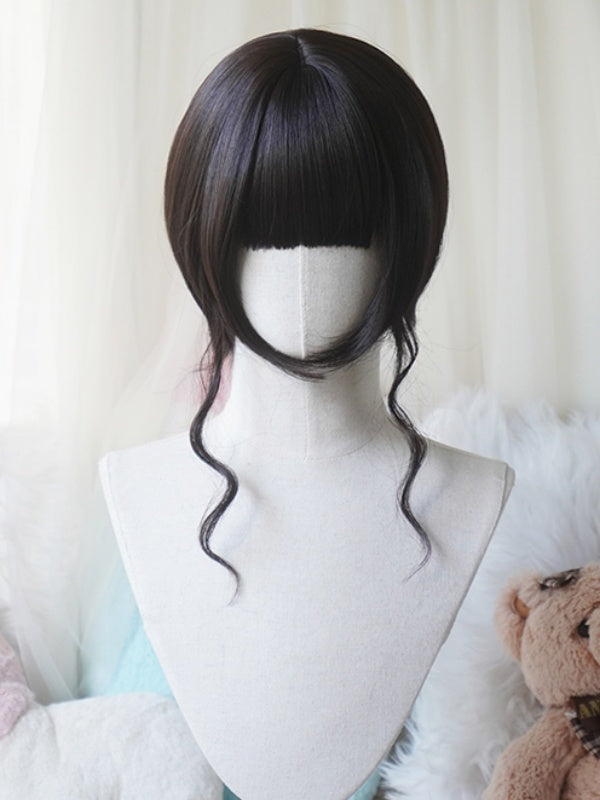 Black Tea Bob Cut Straight Wig With Bangs＋Double Long/Short Ponytail Claw Clips
