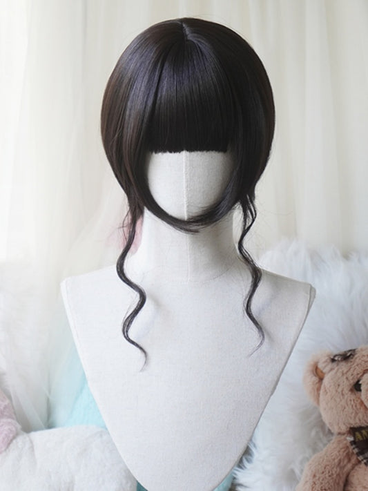 Black Tea Bob Cut Straight Wig With Bangs＋Double Long/Short Ponytail Claw Clips