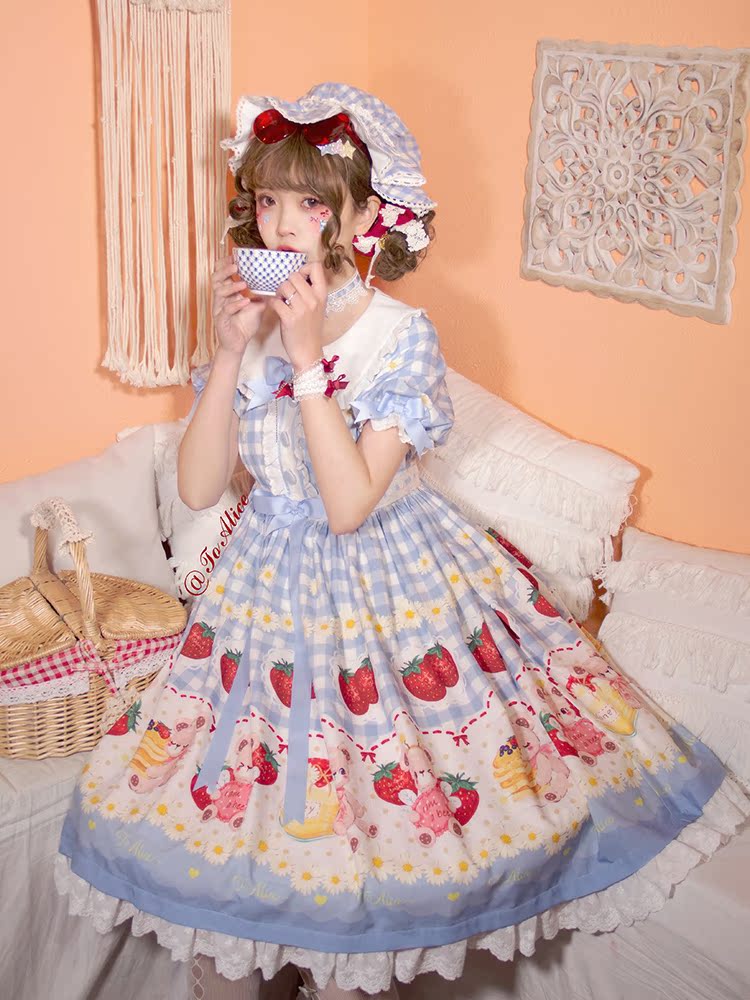 Light Blue/Wine Red Plaid Strawberry and Bear Print Cottagecore Country Dress Sweet Lolita OP