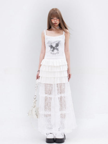 Cami Top Butterfly Print Lace Trim White Glamorous Slim-fitting