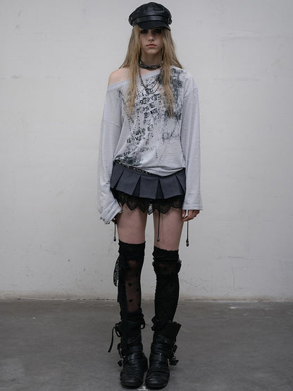 Wasteland Punk Letter Long Top Asymmetrical Blue/Beige Sleeves Neckline Print
