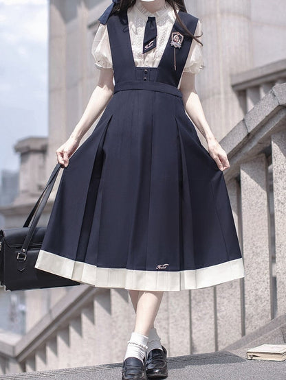 Overalls Box Embroidery Skirt Blue Letters with Pleat Dark