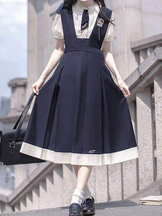 Overalls Box Embroidery Skirt Blue Letters with Pleat Dark