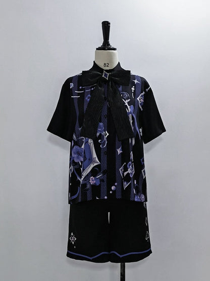 Ouji Fashion Bowtie with Magician Print Rose Summer Shirt and Poker