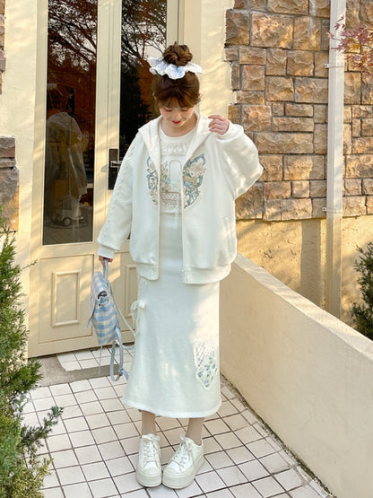 White Lace Bow Side Slit Floral Applique Skirt