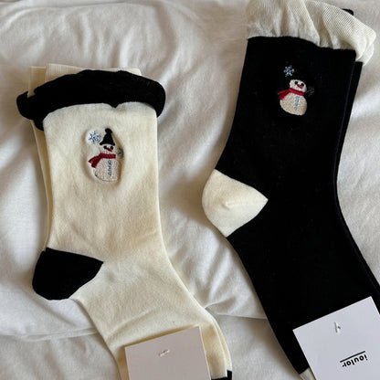 White Black Cute Snowman Embroidered Calf Socks