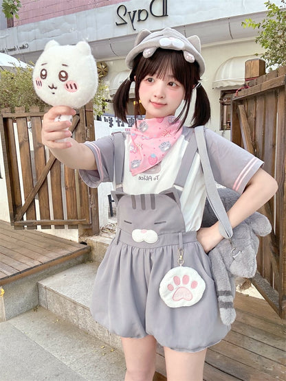 Shorts Bubble Overalls Adorable Kitty Pattern Gray