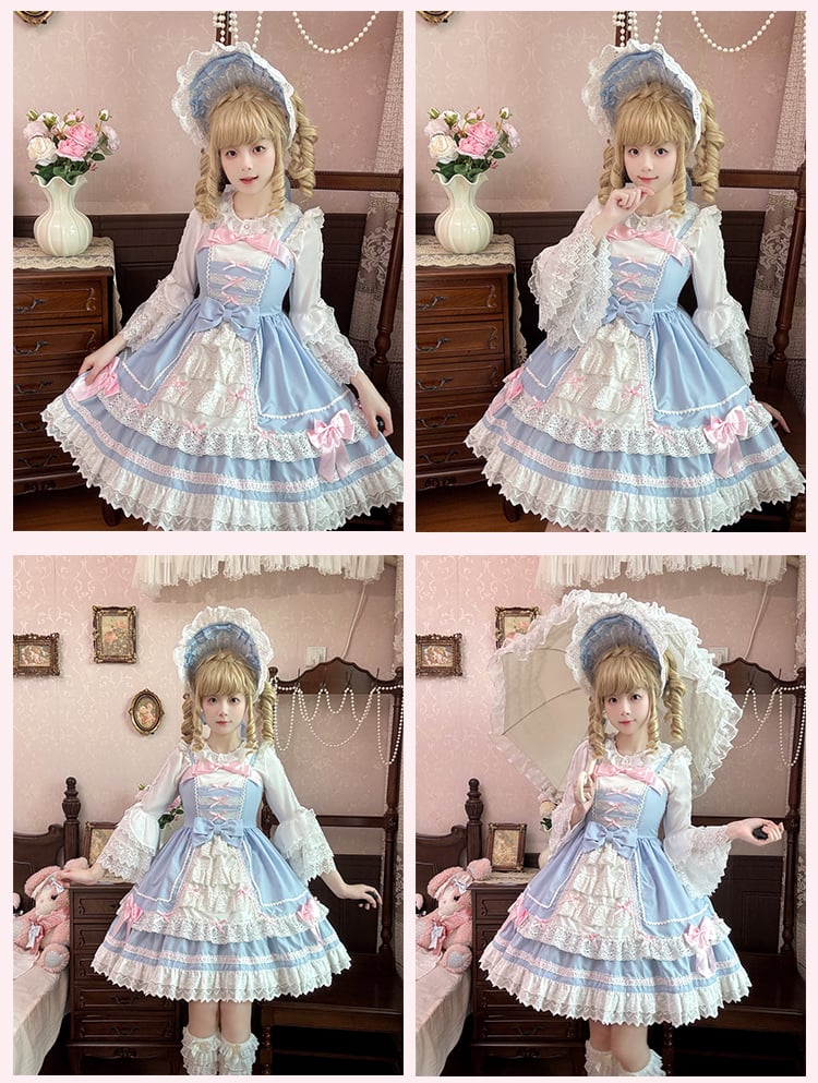 Lace Tiered Trim Sweet Lolita Dress Pink Bowknots Blue JSK
