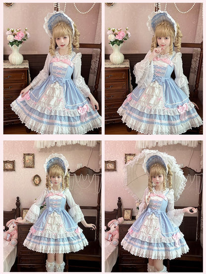 Lace Tiered Trim Sweet Lolita Dress Pink Bowknots Blue JSK