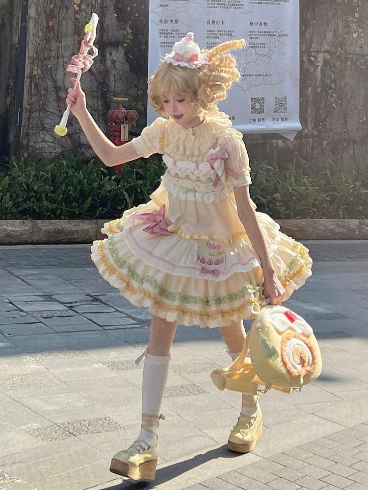 Jumper Cake Strawberry Skirt Pastel Color Summer Cream Embroidery Sweet Lolita