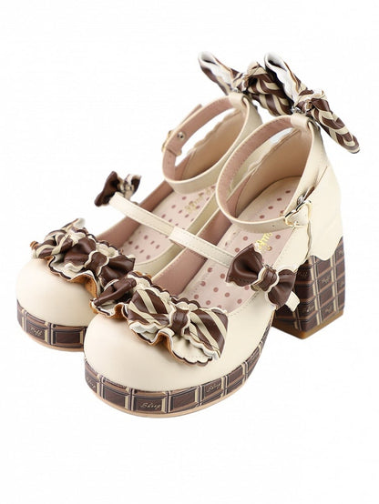 Gestreifte Mary Heart Beigebraune Heels Plateau Schokolade Bowknot Details Block Schnalle High Janes
