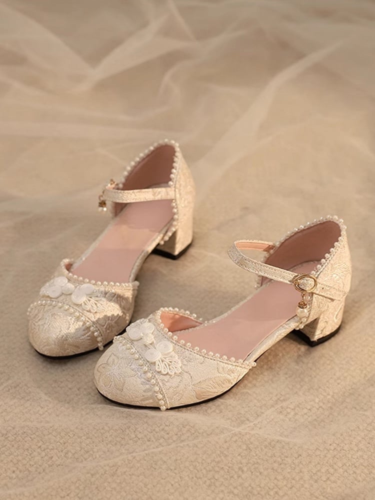 Beige Details - Floral Beads Button Lolita Sandals Mid-heel Frog Pattern Qi Satin