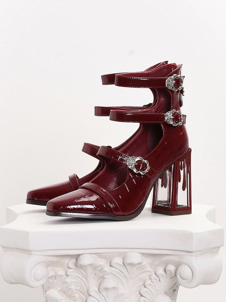 Polished Red Gothic Crocodile Buckle Straps Blood Drip High Block Heels