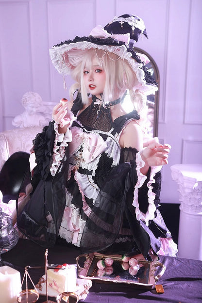 Black and Pink High Waist Sweet Witchy Dress Lolita Jumper Skirt Full Set