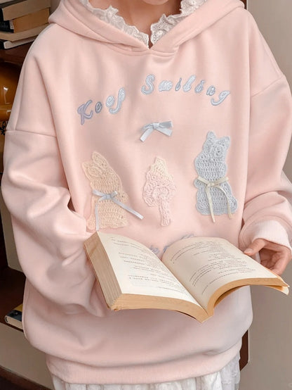 Pink Cute Crocheted Bunnies Details Fleece Lined Hoodie