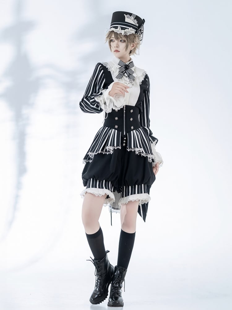 Corset Belt High Waist Black and White Ouji Lolita Striped Shorts Circus Vibes