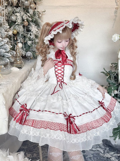 White and Wine Red Lace-up Bow Accents Lace Trim Sweet Princess Dress Lolita Jumper Skirt