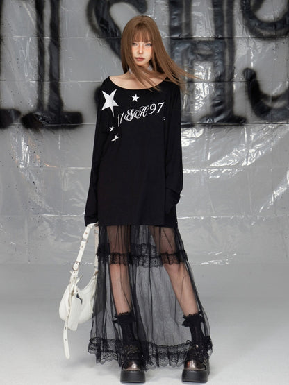 Black Asymmetrical Neckline Letter Print Top Loose