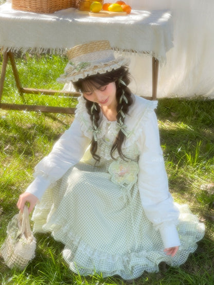 White Lace Trim Rounded Flat Collar Green Bow-Shaped Buttons Blouse