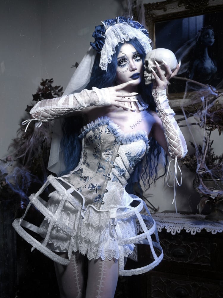 Half White Half Dusty Blue Corpse Bride Floral Corset Top