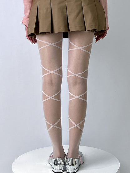 Hautfarbene/weiße Strumpfhose mit Schleifenmuster und überkreuzten Bändern