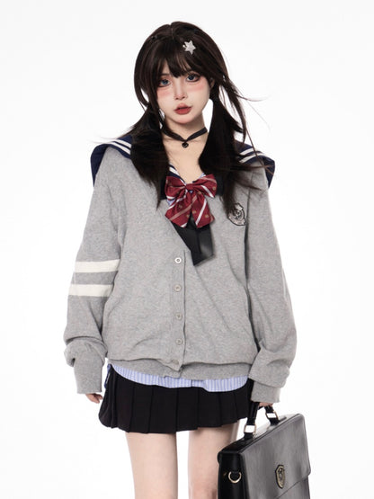 Style Pleated Skirt Double Heart Buckles Black Preppy