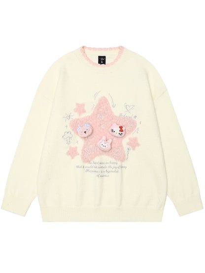 Light Blue/Light Yellow Star Applique Cute Kitties Adorned Loose Sweater