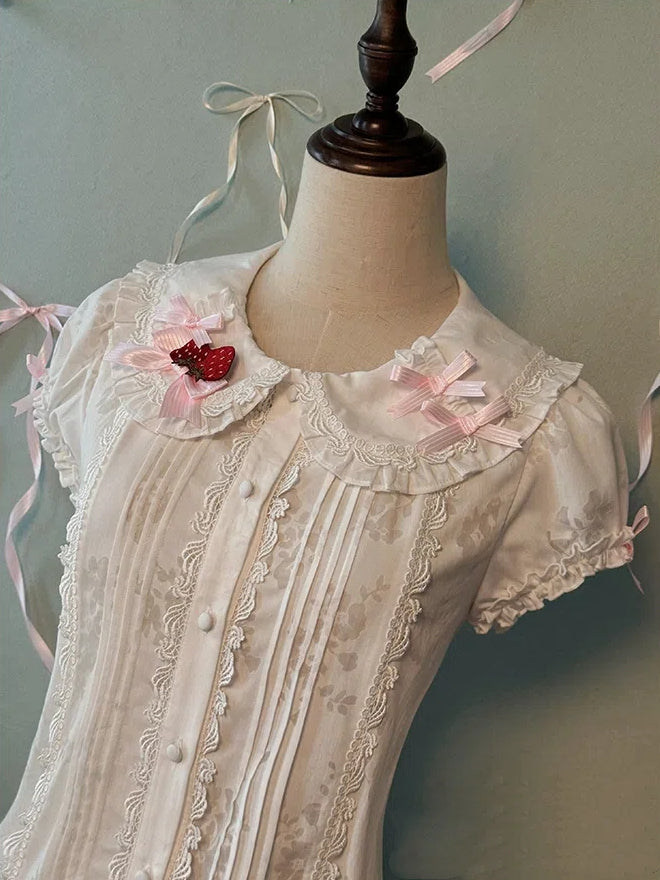 Peter Sleeves Decorated Collar Pan Puff Blouse Bows White Pink