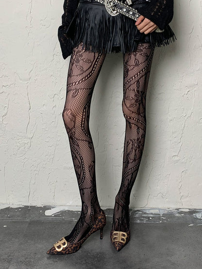 Black Y2K Floral Pattern Fishnet Tights
