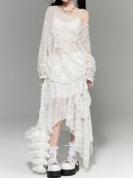 Skirt Two-Piece Semi-Sheer Lace Asymmetric Tiered Set: Embroidered Hem White Blouse
