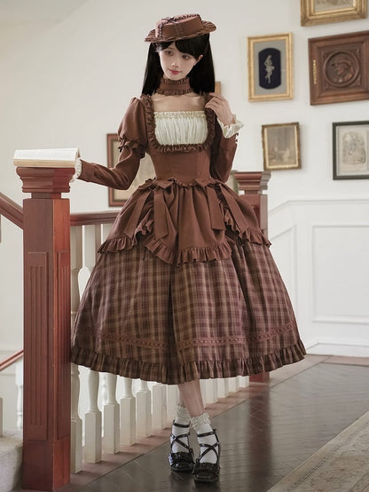 + Set Long - Autumn Lollita Detachable Choker Elegant OP Hat Bows Coffee Version