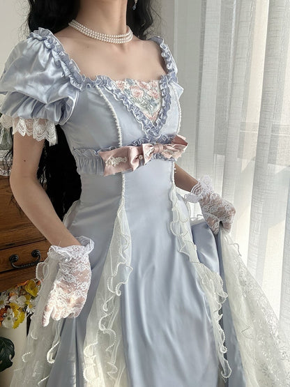 Blue Slim Fit Waist Floral Square Neckline Elegant Lolita Empire Dress