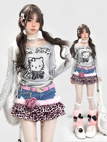 Cartoon Print Square Neckline Grey Top with Leopard Trim