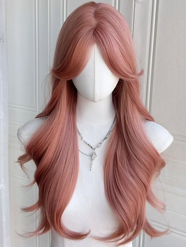 Pink Waist Length Wavy Synthetic Wig With Curtain Bangs
