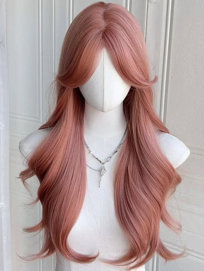 Pink Waist Length Wavy Synthetic Wig With Curtain Bangs