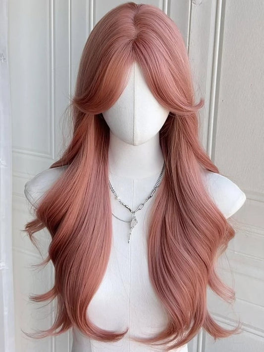 Pink Waist Length Wavy Synthetic Wig With Curtain Bangs
