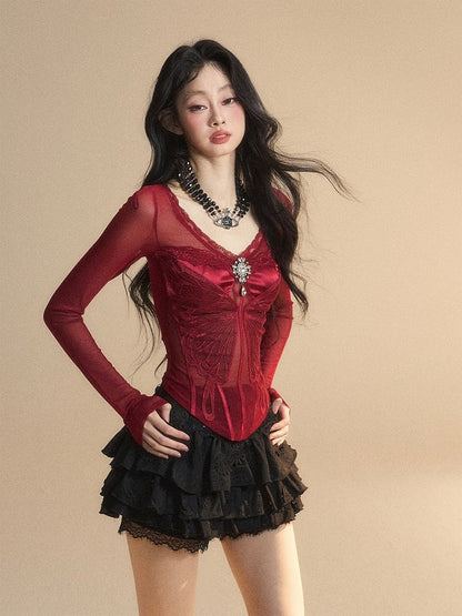 Red V-neck Top Rhinestone Embellished Glamorous Butterfly Embroidery