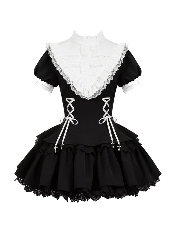 Kurze Rüschen Schwarze Ärmel Weißer Ausschnitt Gothic Kreuz Schnürung Charms Kleid Lolita