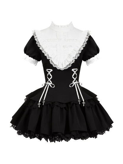 Kurze Rüschen Schwarze Ärmel Weißer Ausschnitt Gothic Kreuz Schnürung Charms Kleid Lolita