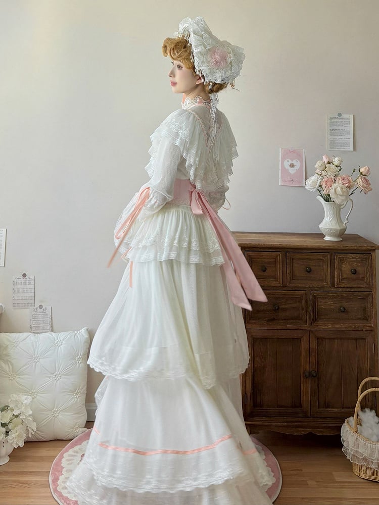 Skirt Necklace Neck Long Blouse Set + Edward Lolita Pink Corset Elegant Beige Beaded - Full Classic