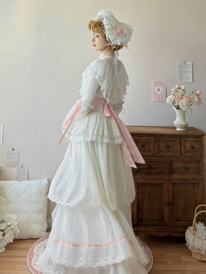 Skirt Necklace Neck Long Blouse Set + Edward Lolita Pink Corset Elegant Beige Beaded - Full Classic