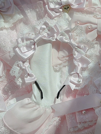 Details Pattern KC Heart Pink Lace Striped Trim Bowknot Decorated