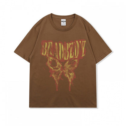 Dunkelgrau/Braun/Schwarz/Weiß Vintage Loose T-Shirt mit Schmetterlingsdruck