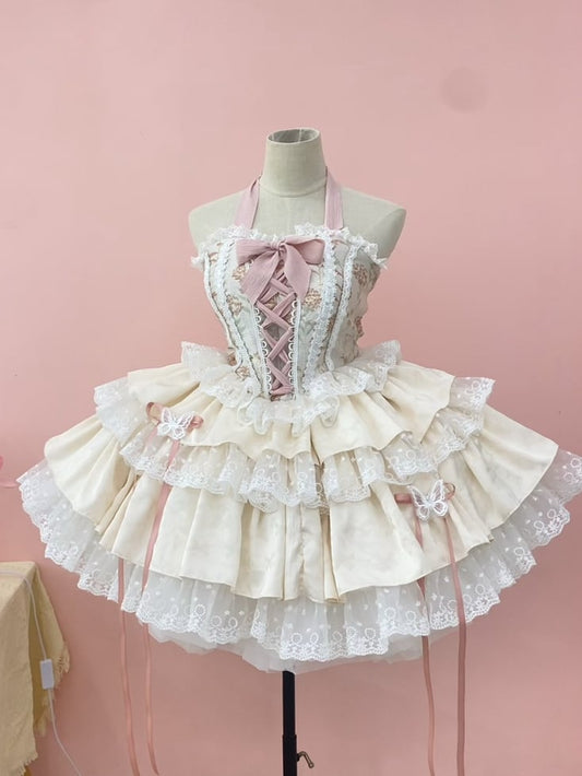 Tiered Boned Corset + Top Balletcore Skirt Halter Neck Pink Ruffle