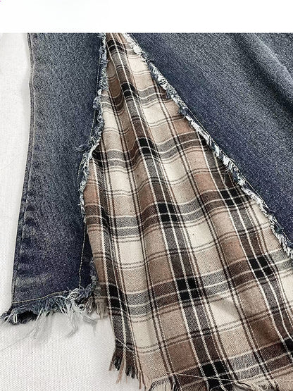 Jupe patchwork en denim et à carreaux avec ourlet asymétrique