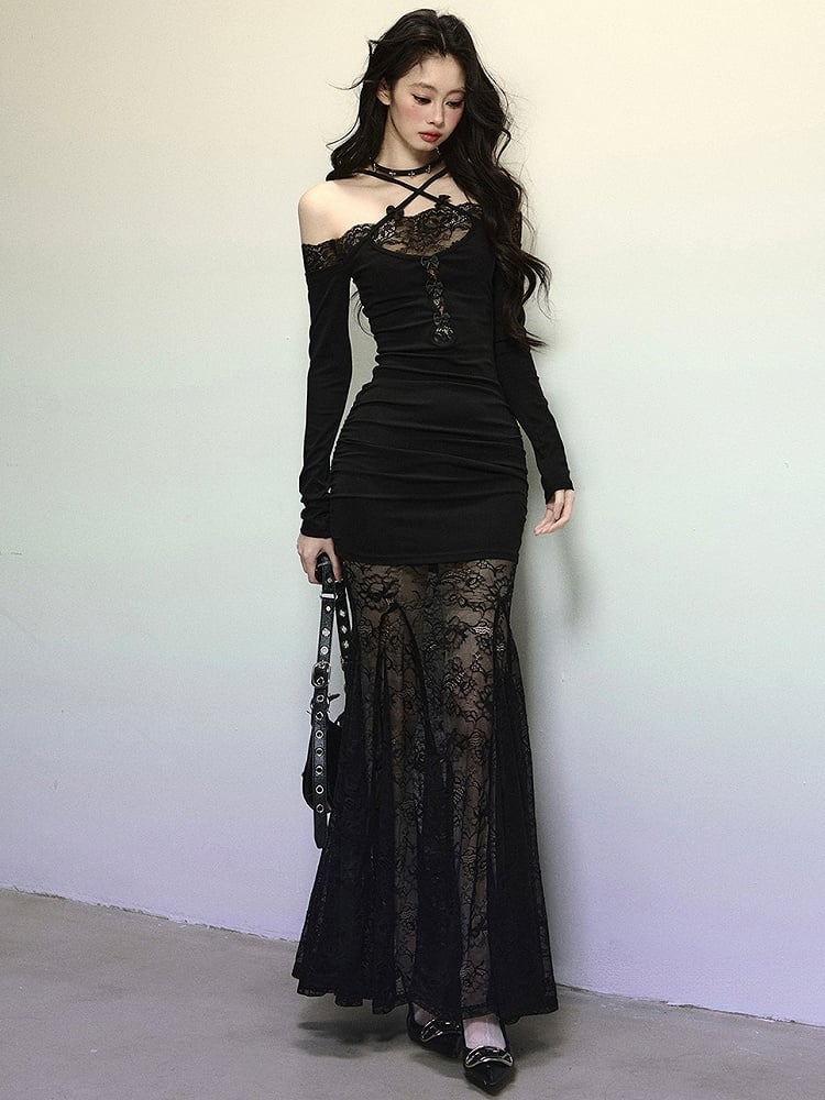 Robe longue sirène en dentelle noire patchwork, bretelles croisées, dos nu, robe de soirée